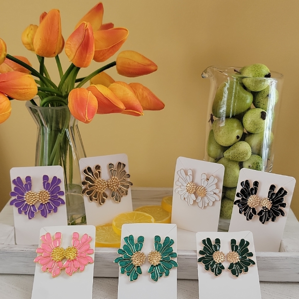 Statement Flower Earrings Green Purple Pink Black White Gold Unique Boho